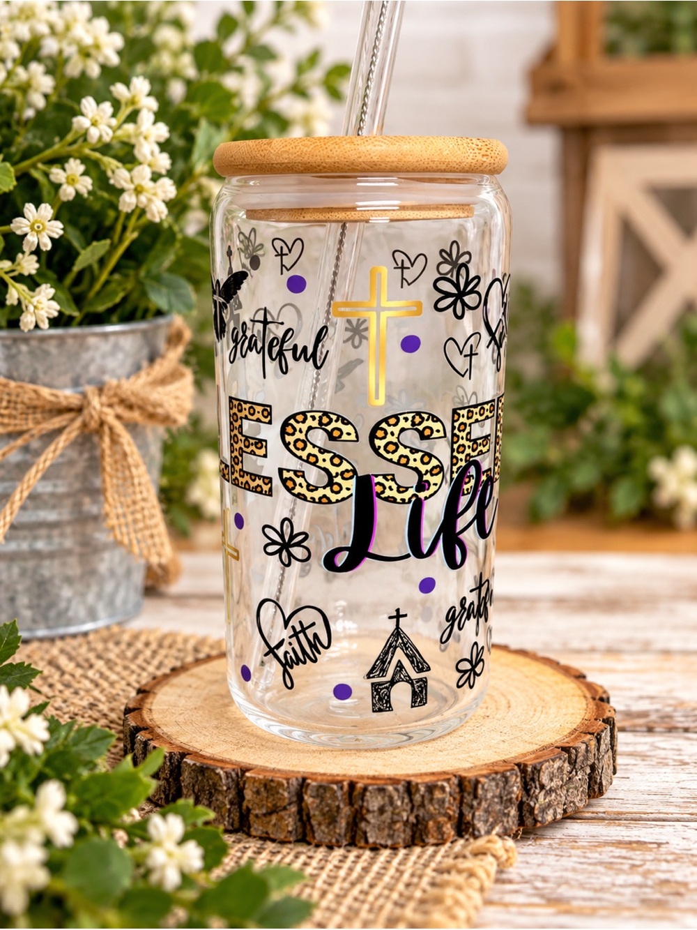 Clear Glass 'Blessed Life' Tumbler with Wood Lid - Neutral